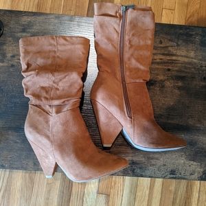Slouchy suede mid calf heeled boots